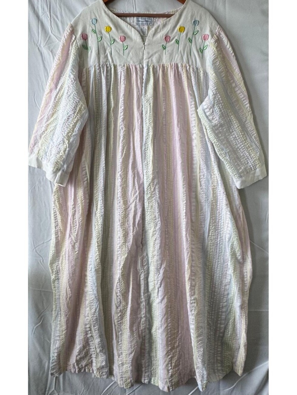 Woman Within House Dress 3X Pastel Stripe Tulip Embroidery Zip Robe Seersucker